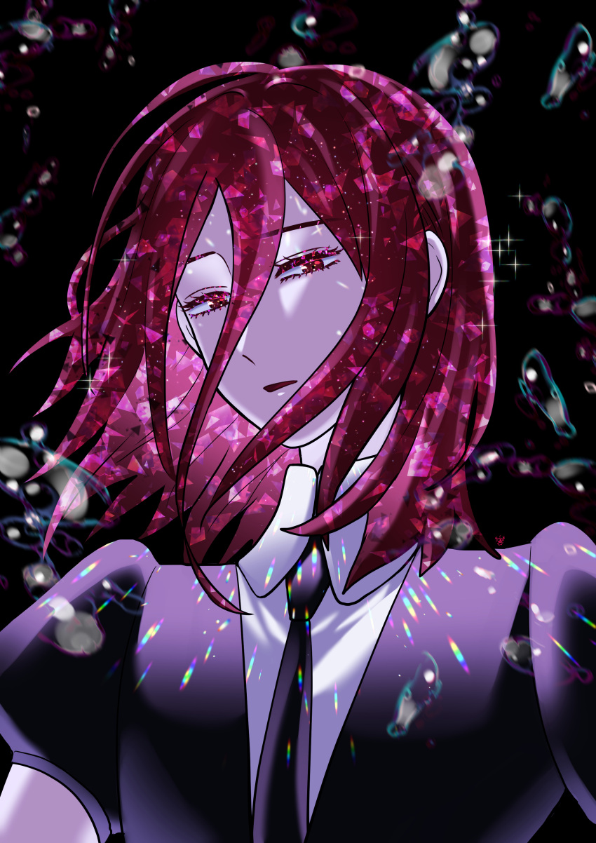 1other absurdres ahoge androgynous bangs black_background cinnabar_(houseki_no_kuni) colored_eyelashes commentary_request crystal_hair gem_uniform_(houseki_no_kuni) hair_between_eyes highres houseki_no_kuni korean_commentary light_particles long_bangs looking_at_viewer mercury_(element) moina necktie open_mouth puffy_short_sleeves puffy_sleeves red_eyes red_hair shirt short_sleeves simple_background solo sparkle
