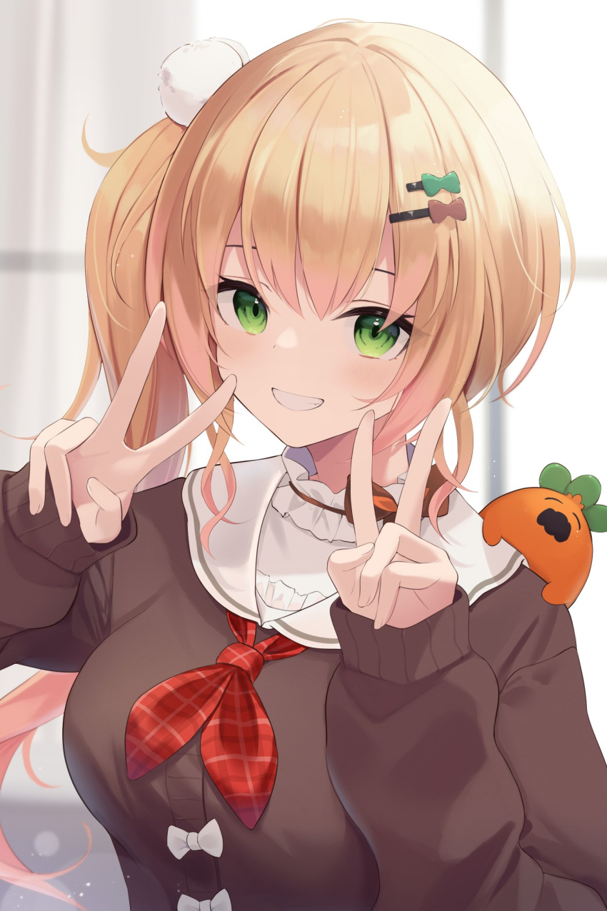 1girl bangs blonde_hair blurry blurry_background breasts brown_cardigan cardigan commentary_request curtains depth_of_field double_v eyebrows_behind_hair green_eyes grin hair_between_eyes hair_bobbles hair_ornament hairclip hands_up highres hololive long_hair long_sleeves looking_at_viewer medium_breasts mizu_(lzzrwi603) momosuzu_nene neckerchief nekko_(momosuzu_nene) plaid_neckerchief red_neckerchief sailor_collar school_uniform serafuku side_ponytail sleeves_past_wrists smile solo transparent upper_body v very_long_hair virtual_youtuber white_sailor_collar window