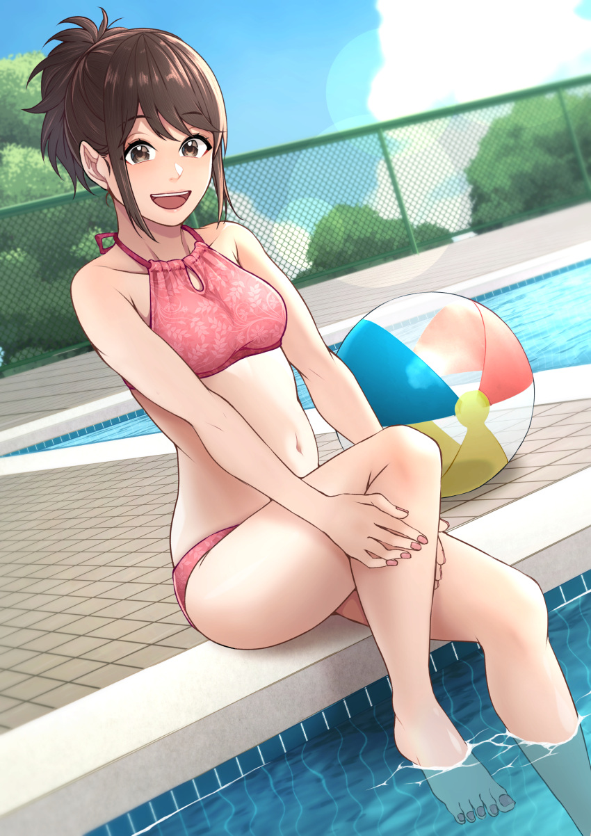 1girl absurdres ball barefoot black_hair blush brown_eyes brown_hair gintama halterneck highres kobaji long_hair looking_at_viewer nail_polish ponytail pool shimura_tae short_hair solo swimsuit toenail_polish toenails toes