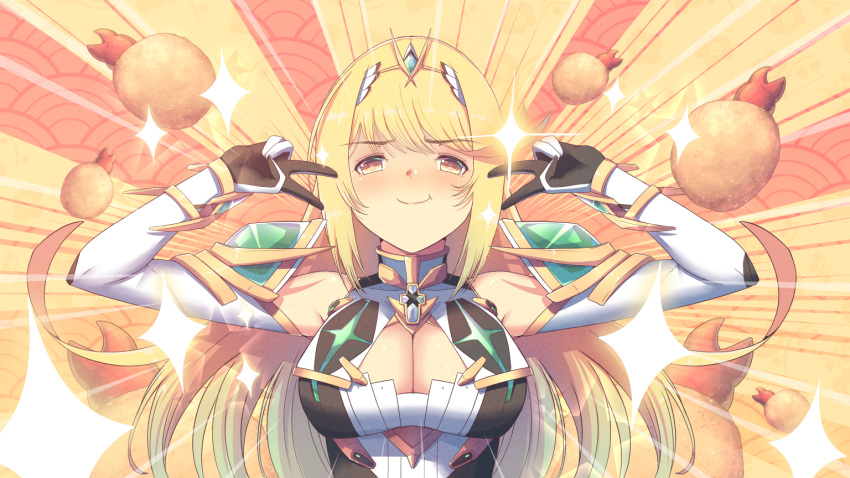 1girl bangs bare_shoulders blonde_hair breasts cat_with_a_brush chest_jewel cleavage cleavage_cutout clothing_cutout dress earrings elbow_gloves emotional_engine_-_full_drive gloves jewelry large_breasts long_hair mythra_(xenoblade) short_dress swept_bangs tiara very_long_hair white_dress white_gloves xenoblade_chronicles_(series) xenoblade_chronicles_2 yellow_eyes