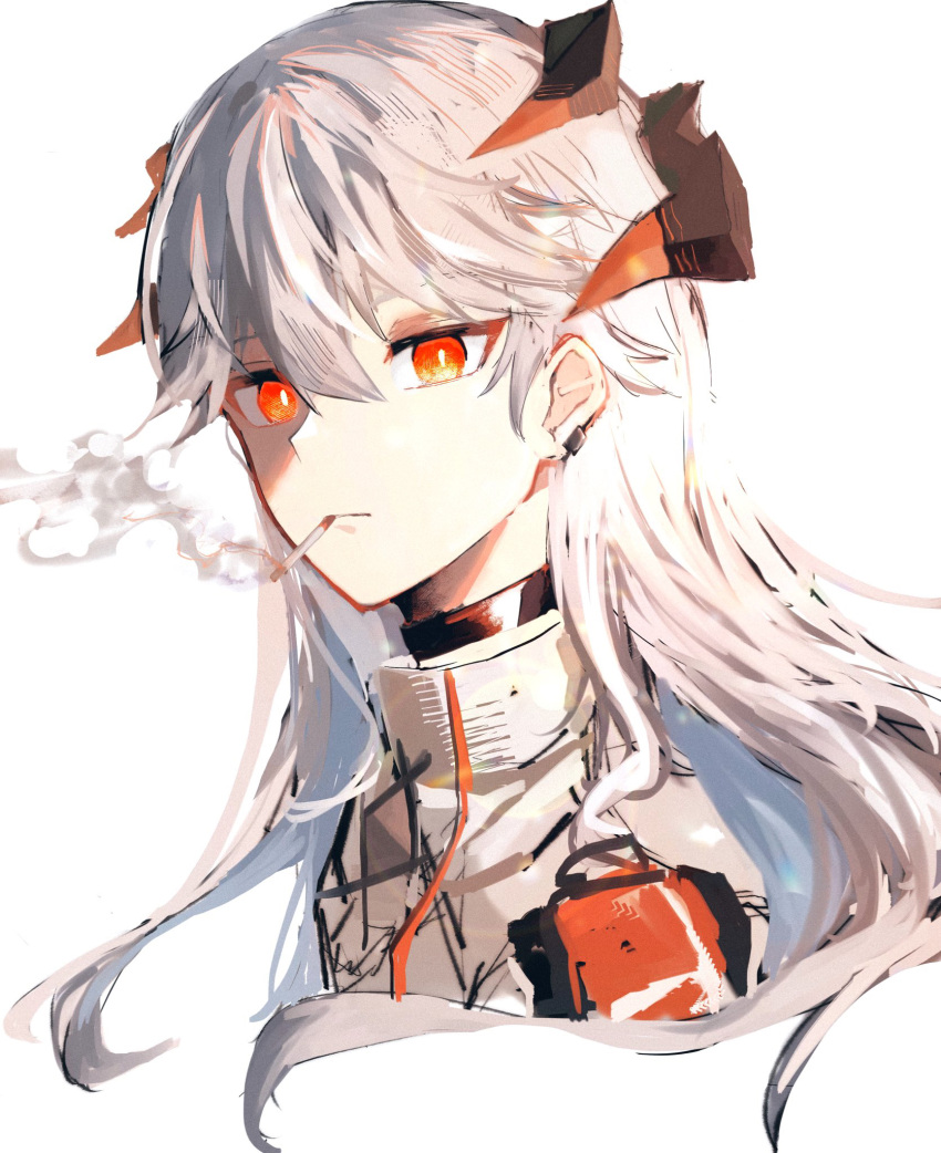 1girl arknights bangs black_choker choker cigarette closed_mouth commentary_request cropped_torso dragon_horns earclip highres horns long_hair looking_at_viewer orange_eyes saria_(arknights) shiro_(siro_kuten) shirt simple_background smoke smoking solo upper_body white_background white_hair white_shirt