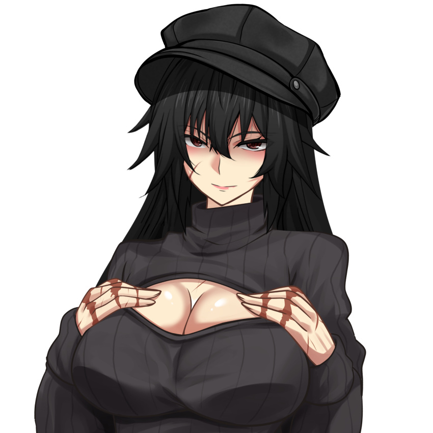 1girl black_hair black_headwear black_sweater breast_squeeze breasts brown_eyes cabbie_hat cleavage commentary_request hair_between_eyes hat highres large_breasts long_hair looking_at_viewer m.u.g.e.n meme_attire open-chest_sweater original ribbed_sweater scar scar_on_cheek scar_on_face scar_on_hand sendai_hakurei_no_miko solo sweater touhou transparent_background turtleneck turtleneck_sweater upper_body virtual_youtuber yagami_(mukage)