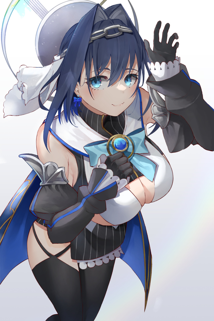 1girl absurdres arm_up blue_cape blue_eyes blue_hair breasts cape cleavage_cutout clock_hair_ornament closed_mouth clothing_cutout commentary earrings english_commentary hair_ornament head_chain highres hololive hololive_english jewelry large_breasts looking_to_the_side looking_up megu_(pixiv9460065) ouro_kronii ribbon_earrings smile virtual_youtuber