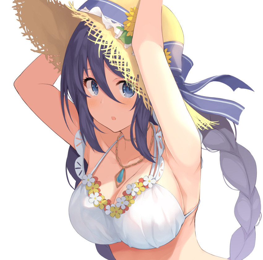 1girl :o armpits arms_up bangs bare_arms bare_shoulders bikini blush bow braid breasts cleavage flower hair_between_eyes hat hat_bow hat_flower highres jewelry kurai_masaru large_breasts long_hair looking_at_viewer necklace open_mouth princess_connect! purple_eyes purple_hair shizuru_(princess_connect!) solo straw_hat sun_hat swimsuit upper_body white_bikini yellow_flower