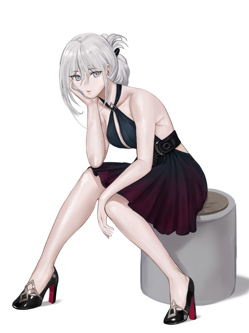 1girl absurdres an-94_(girls'_frontline) bare_shoulders belt black_dress black_footwear blue_eyes breasts closed_mouth dress eyebrows_visible_through_hair gcg girls'_frontline hair_ornament hairclip hand_on_headset high_heels highres legs long_hair looking_at_viewer platinum_blonde_hair silver_hair sitting small_breasts solo white_background