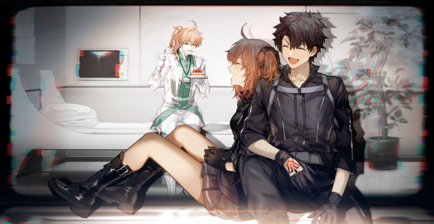 1girl 2boys :d ^_^ arlizi black_footwear black_gloves black_hair black_jacket black_pants black_scrunchie brown_hair closed_eyes fate/grand_order fate_(series) fujimaru_ritsuka_(female) fujimaru_ritsuka_(male) gloves green_eyes grey_skirt hair_ornament hair_over_shoulder hair_scrunchie highres holding holding_plate holding_spoon indoors jacket long_hair long_sleeves miniskirt multiple_boys open_mouth pants plate pleated_skirt polar_chaldea_uniform ponytail romani_archaman scrunchie short_hair side_ponytail sitting skirt smile spoon white_gloves