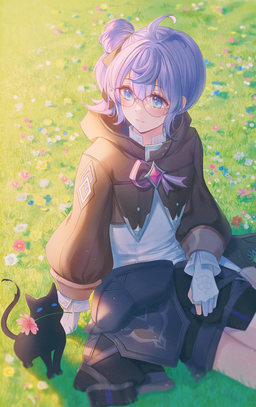 1girl ahoge animal bangs black_cat black_footwear black_jacket black_ribbon blue_eyes blue_flower blush capelet cat closed_mouth commentary dress elsword eyebrows_visible_through_hair field flower flower_field flower_in_mouth glasses gloves grass hair_between_eyes hair_ribbon highres hood hood_down hooded_capelet hooded_jacket jacket jacket_removed lium long_sleeves looking_at_another looking_to_the_side outdoors partially_fingerless_gloves pink_flower ponytail purple_hair ribbon short_hair side_ponytail sidelocks sitting white_dress white_flower white_gloves yuria_(elsword)