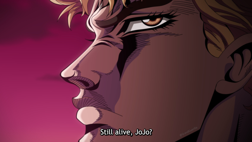 1boy araki_hirohiko_(style) blonde_hair closed_mouth derivative_work dio_brando fake_screenshot from_side grandguerrilla jojo_no_kimyou_na_bouken looking_at_viewer male_focus manga_panel_redraw official_style phantom_blood pink_sky sanpaku sideways_glance solo subtitled twitter_username yellow_eyes