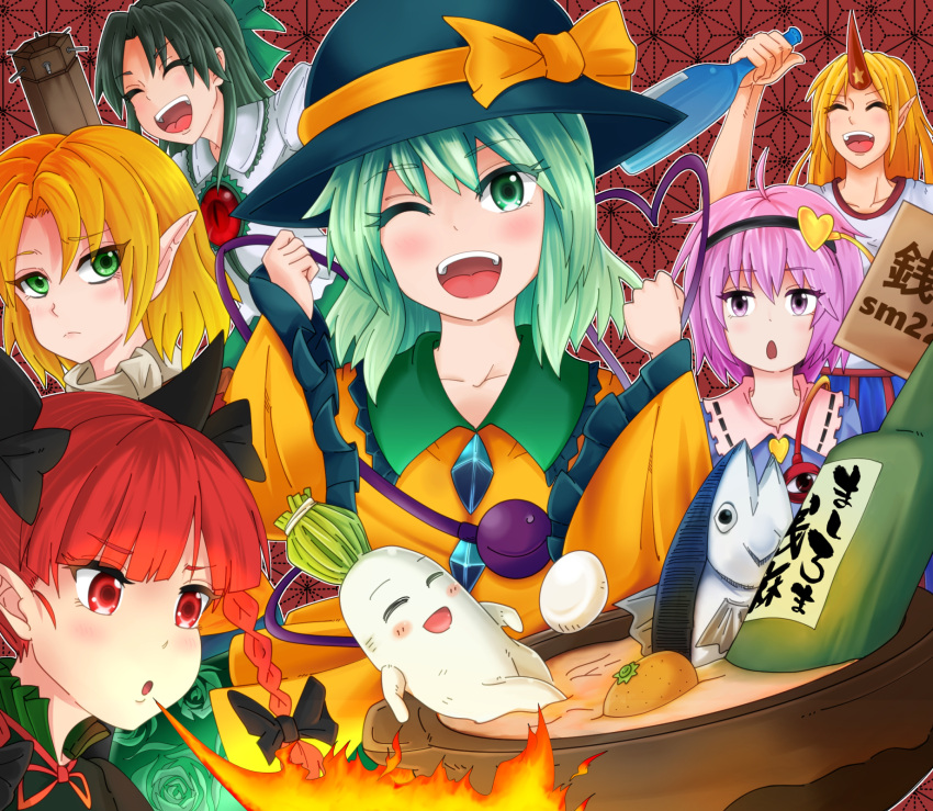 6+girls animal_ears arm_cannon bangs black_hairband black_headwear blonde_hair blouse blue_blouse blush bottle braid breathing_fire buttons cat_ears closed_mouth collared_blouse collared_shirt commentary_request control_rod cookie_(touhou) daikon extra_ears eyeball eyebrows_visible_through_hair fire fish food frilled_shirt_collar frilled_sleeves frills fruit green_eyes green_hair hair_between_eyes hairband hat hat_ribbon heart heart_of_string highres hisui_(cookie) horns hoshiguma_yuugi joker_(cookie) kaenbyou_rin komeiji_koishi komeiji_satori long_hair long_sleeves mandarin_orange mashiroma_zenima medium_hair mizuhashi_parsee mukumuku_(cookie) multiple_girls nabe niconico_id one_eye_closed open_mouth osanai_(cookie) parted_bangs pink_eyes pink_hair pointy_ears pot puffy_short_sleeves puffy_sleeves red_background red_eyes red_hair reiuji_utsuho reu_daikon ribbon ribbon-trimmed_collar ribbon_trim sake_bottle sananana_(cookie) scarf shirt short_hair short_sleeves single_horn smile soup t-shirt third_eye touhou tuna twin_braids upper_body weapon white_blouse white_scarf white_shirt wide_sleeves yan_pai yellow_ribbon yellow_shirt