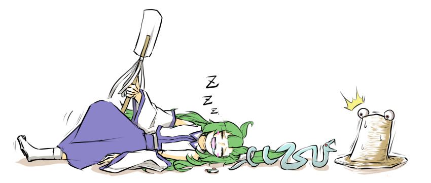 1girl blue_skirt blush_stickers collared_shirt detached_sleeves drooling fangs frog_hair_ornament gohei green_hair hair_ornament highres kochiya_sanae long_hair long_sleeves nontraditional_miko peroponesosu. pyonta shirt simple_background skirt sleeping snake_hair_ornament snoring socks solo surprised sweatdrop touhou trembling white_background wide_sleeves zzz