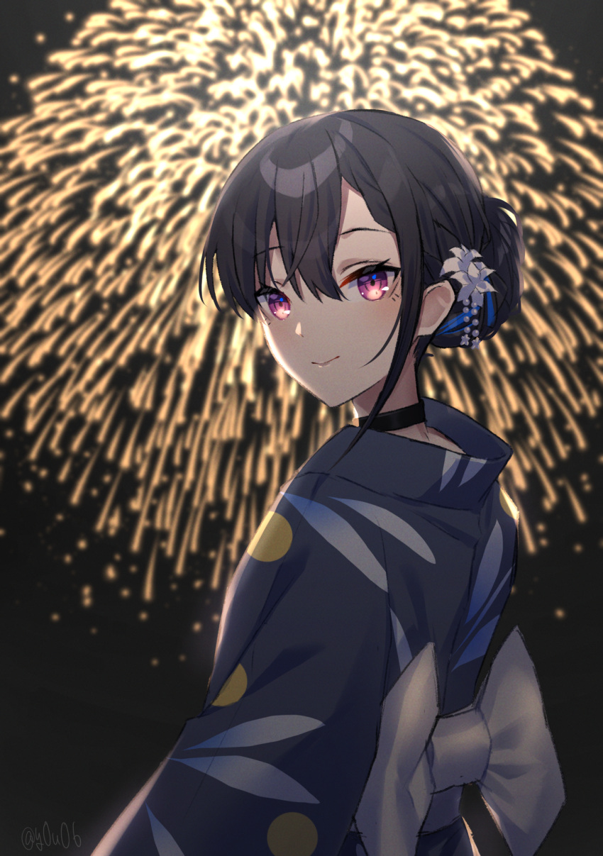 1girl alternate_hairstyle black_choker black_hair black_kimono bow choker fireworks flower hair_between_eyes hair_bun hair_flower hair_ornament highres ichinose_uruha japanese_clothes kimono long_hair looking_at_viewer looking_back lupinus_virtual_games obi purple_eyes sash smile solo twitter_username virtual_youtuber vspo! white_bow white_flower you06