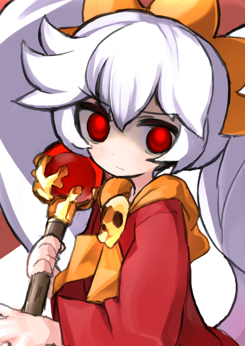 1girl absurdres alternate_hair_color ashley_(warioware) bangs blush dress glowing glowing_eyes hairband highres holding long_hair long_sleeves looking_at_viewer orange_hairband red_dress red_eyes rotroto scowl simple_background skull twintails upper_body very_long_hair wand warioware white_background white_hair