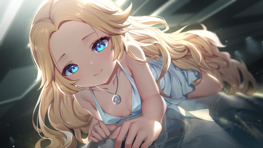 1girl bad_id bad_pixiv_id bangs bare_arms bare_shoulders blonde_hair blue_eyes blurry blurry_background breasts cleavage commentary_request depth_of_field dress forehead haze/reverb highres jewelry long_hair lying necklace official_art on_stomach parted_bangs reflection roi_(liu_tian) shidifenni_(haze/reverb) short_dress sleeveless sleeveless_dress small_breasts smile solo very_long_hair white_dress