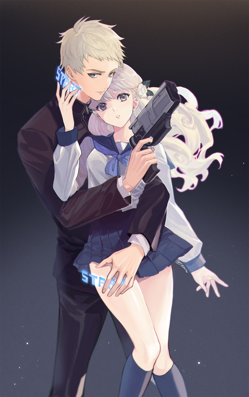 1boy 1girl blue_neckerchief cezaria couple expressionless feet_out_of_frame flower fuyusaka_iori gakuran gradient gradient_background grey_eyes grey_hair gun hair_flower hair_ornament handgun highres hug hug_from_behind juusan_kihei_bouei_ken kneehighs light_particles long_hair looking_at_viewer neckerchief parted_lips pistol pleated_skirt sailor_collar school_uniform sekigahara_ei short_hair silver_hair skirt weapon