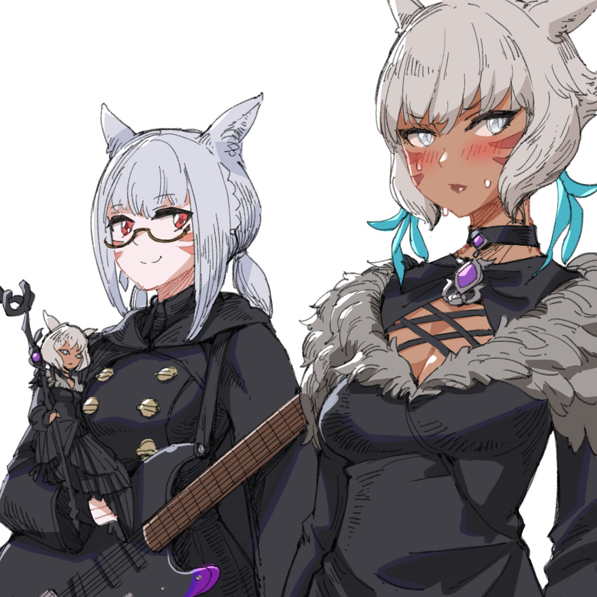 2girls absurdres animal_ears artist_self-insert avatar_(ffxiv) bangs black_dress blush breasts cat_ears character_doll cleavage cleavage_cutout clothing_cutout commentary_request dark-skinned_female dark_skin dress electric_guitar eyebrows_visible_through_hair facial_mark feather_hair_ornament feathers fender final_fantasy final_fantasy_xiv fur_trim grey_hair guitar hair_ornament highres hjz_(artemi) instrument looking_at_another looking_to_the_side medium_breasts miqo'te multiple_girls neck_tattoo red_eyes short_hair silver_hair sweatdrop tattoo whisker_markings white_background y'shtola_rhul