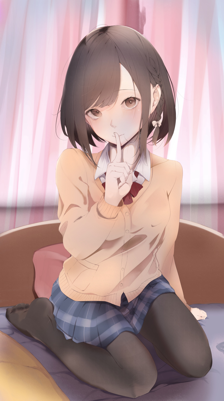 1girl absurdres bad_leg bangs beige_sweater black_hair black_legwear blue_skirt blush bow bowtie braid breasts bright_pupils brown_eyes closed_mouth commentary_request finger_to_mouth french_braid full_body hair_behind_ear hand_up highres hito_komoru_(style) indoors kisaragi_yaya light_smile long_sleeves looking_at_viewer medium_breasts on_bed original pantyhose plaid plaid_skirt red_bow red_bowtie seiza short_hair sitting skirt solo swept_bangs white_pupils wing_collar