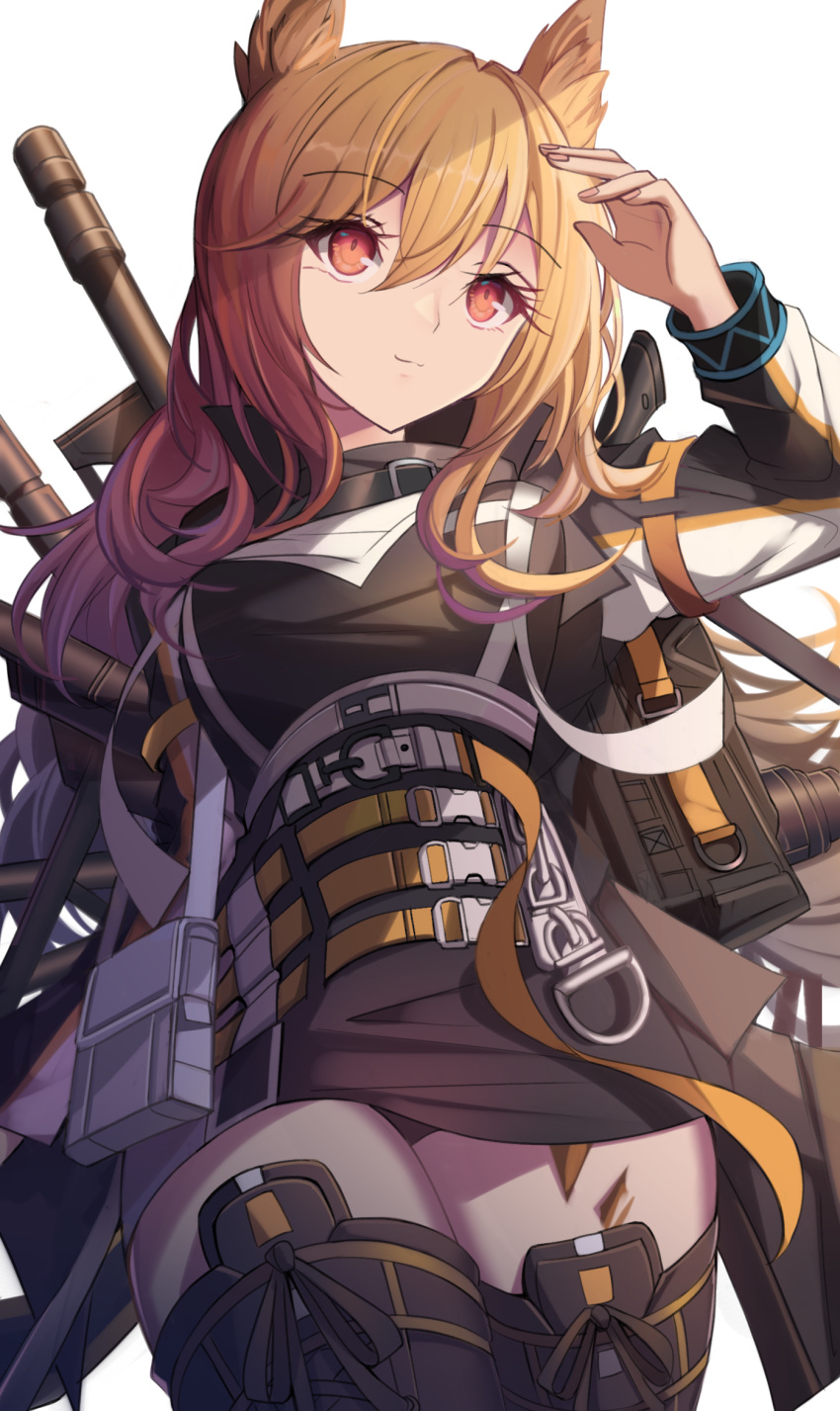 1girl animal_ears arknights arm_at_side arm_up backpack bag bangs belt belt_buckle black_ribbon buckle ceobe_(arknights) chain closed_mouth collar commentary dog_ears dress eyebrows_visible_through_hair eyes_visible_through_hair from_below hair_down highres light_brown_hair light_smile long_hair long_sleeves looking_afar pouch red_eyes ribbon shading_eyes short_dress simple_background solo strap stratoz thighhighs weapon white_background