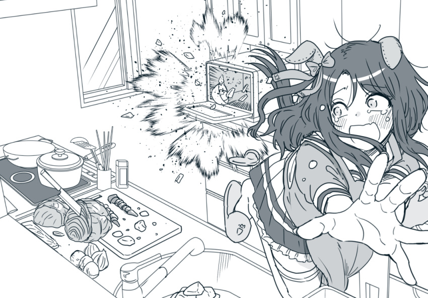 1girl animal_ears apron bow bowl carrot chopsticks ear_covers explosion fleeing greyscale horse_ears horse_girl horse_tail indoors king_halo_(umamusume) kitchen knife lettuce long_hair microwave monochrome one_side_up open_mouth pot puffy_short_sleeves puffy_sleeves school_uniform short_sleeves sink skirt slippers solo stove taguchi_kenji_(omaep) tail tail_raised tears tracen_school_uniform umamusume window wok