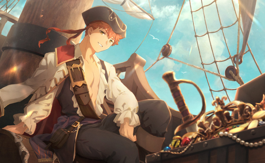 1boy absurdres bangs black_pants boots cloud day emiya_shirou fate/stay_night fate_(series) hat highres jacket jacket_over_shoulder jacket_removed kado_colda long_sleeves looking_at_viewer male_focus official_alternate_costume open_clothes open_shirt orange_eyes outdoors pants pirate pirate_costume pirate_hat pirate_ship red_hair shirt short_hair sitting sky smile solo teeth white_jacket white_shirt