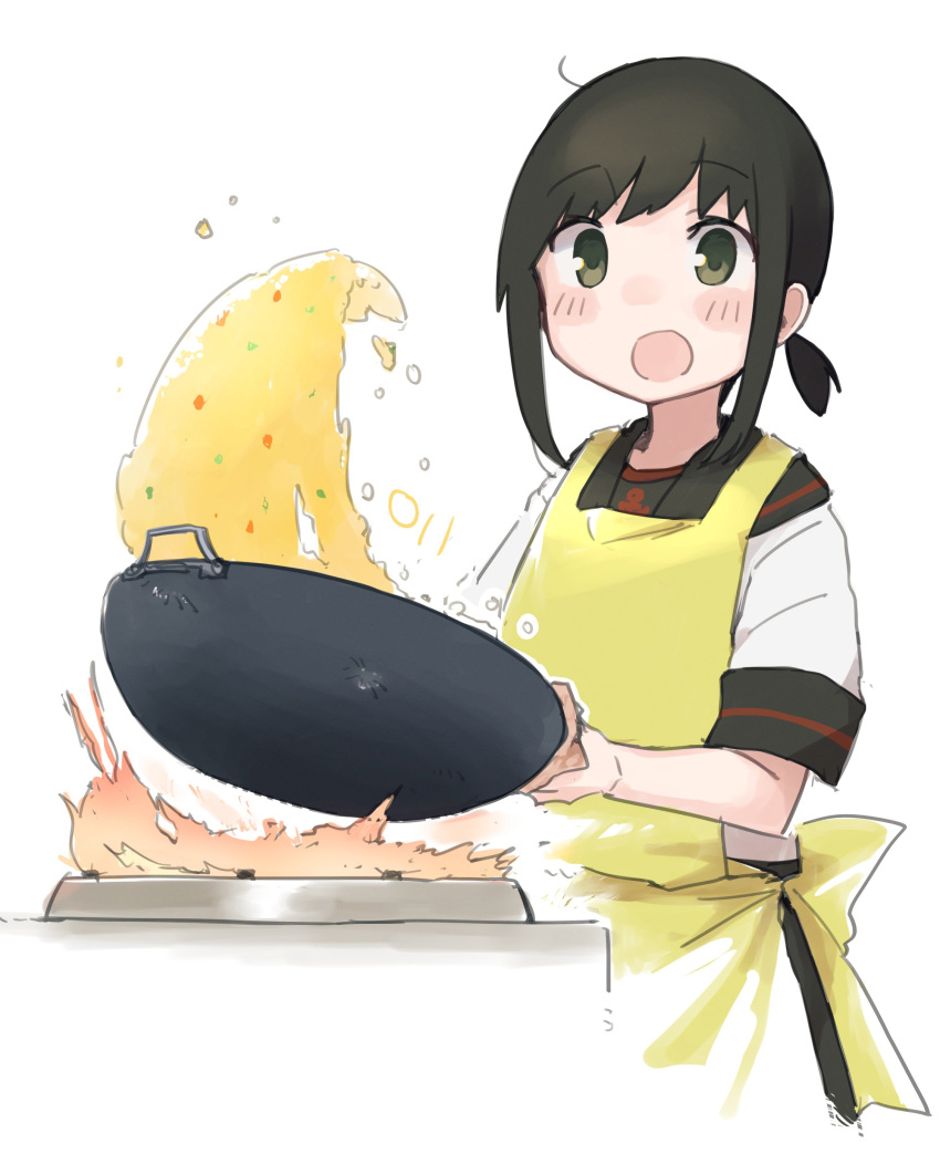 1girl absurdres apron black_hair black_sailor_collar black_skirt brown_eyes commentary_request cooking food fried_rice fubuki_(kancolle) highres kantai_collection long_hair low_ponytail ma_rukan one-hour_drawing_challenge ponytail remodel_(kantai_collection) sailor_collar school_uniform serafuku short_ponytail sidelocks simple_background skirt solo white_background wok yellow_apron