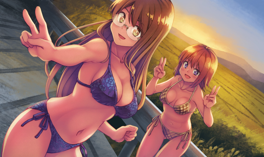 2girls akatsuki_miho akemiho_tabi_nikki ass_visible_through_thighs bangs bikini blue_bikini brown_eyes brown_hair double_v dutch_angle eyebrows_visible_through_hair glasses halterneck highres kouno_hikaru long_hair looking_at_viewer multiple_girls oribe_shiori plaid plaid_bikini purple_eyes rimless_eyewear rural short_hair side-tie_bikini string_bikini swimsuit v