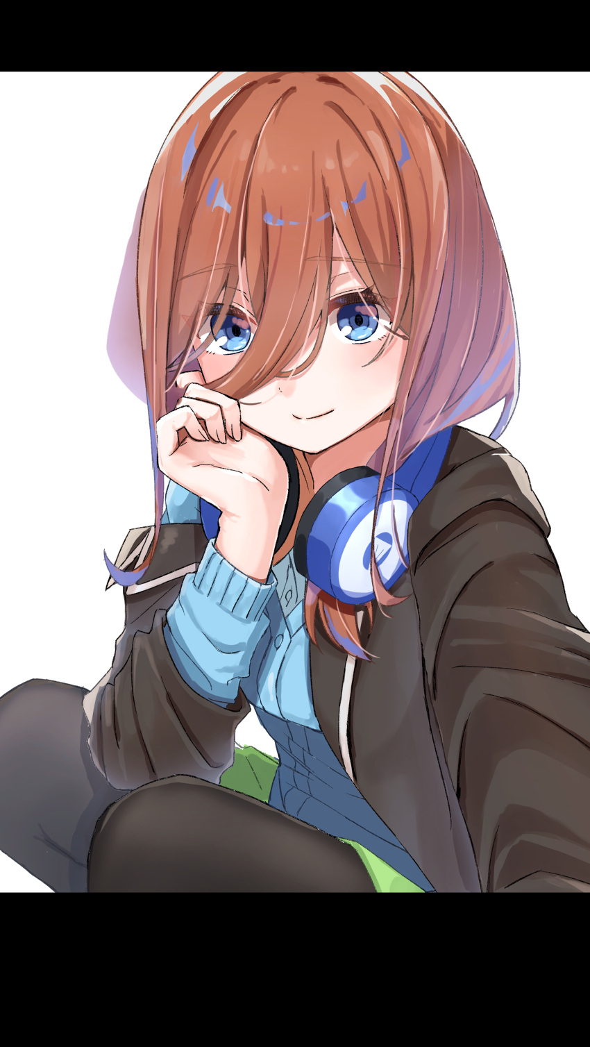 1girl absurdres bangs black_jacket black_legwear blue_cardigan blue_eyes blue_shirt brown_hair cardigan closed_mouth collared_shirt commentary_request dress_shirt eyebrows_visible_through_hair go-toubun_no_hanayome green_skirt hair_between_eyes headphones headphones_around_neck highres honorikiti hood hood_down hooded_jacket jacket knees_up letterboxed long_hair long_sleeves looking_at_viewer nakano_miku open_clothes open_jacket pantyhose selfie shirt skirt smile solo squatting white_background