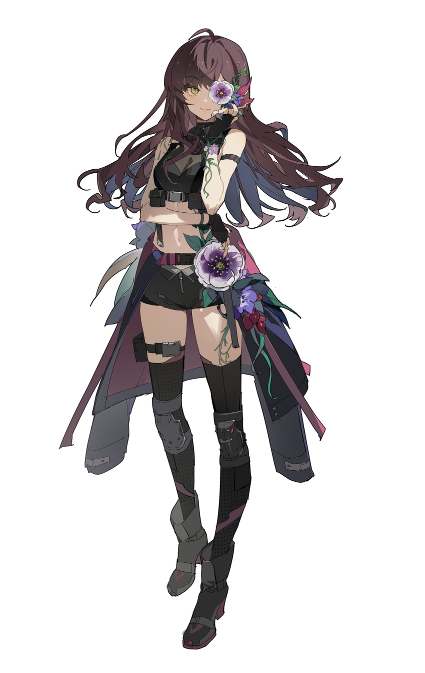 1girl :3 absurdres ahoge arm_across_waist armlet armored_legwear black_legwear black_shorts breasts cleavage clothes_around_waist crop_top fingerless_gloves flower_eyepatch full_body gas_mask gloves highres ichinose_shiki idolmaster idolmaster_cinderella_girls jacket jacket_around_waist mask mask_removed nail_polish navel plant platform_footwear purple_hair short_shorts shorts simple_background small_breasts solo tachi-e wavy_ends white_background zhibuji_loom