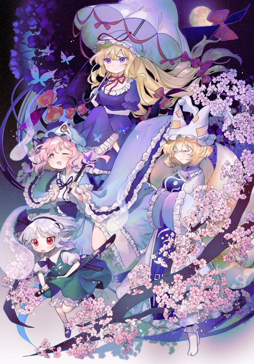 4girls absurdres blonde_hair breasts bug butterfly cherry_blossoms choker cleavage dress elbow_gloves eyebrows_visible_through_hair folding_fan gap_(touhou) gloves hair_between_eyes hair_ribbon hand_fan hands_in_opposite_sleeves hat hat_ribbon highres hitodama holding holding_fan holding_umbrella katana konpaku_youmu konpaku_youmu_(ghost) large_breasts long_hair long_sleeves mob_cap moon multiple_girls omodaka_romu one_eye_closed open_mouth perfect_cherry_blossom petals pink_eyes pink_hair purple_dress purple_eyes red_choker red_eyes red_ribbon ribbon ribbon_choker saigyouji_yuyuko sheath short_hair smile socks sword touhou umbrella weapon white_gloves wide_sleeves yakumo_ran yakumo_yukari