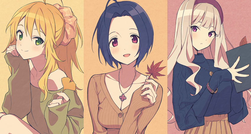 3girls agata_(agatha) ahoge blonde_hair blush breasts cleavage collarbone column_lineup commentary dark_blue_hair grey_hair holding holding_leaf hoshii_miki idolmaster idolmaster_(classic) idolmaster_million_live! leaf looking_at_viewer miura_azusa multiple_girls off-shoulder_shirt off_shoulder shijou_takane shirt simple_background smile symbol-only_commentary upper_body