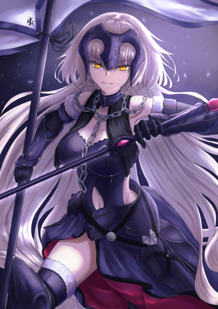 1girl absurdres armor armored_dress bangs black_gloves black_legwear breasts chain cleavage eyebrows_behind_hair eyebrows_visible_through_hair fate/grand_order fate_(series) flag gloves headpiece highres holding holding_flag holding_sword holding_weapon ichi_yoshida jeanne_d'arc_(alter)_(fate) jeanne_d'arc_(fate) large_breasts long_hair looking_at_viewer open_mouth silver_hair smile solo sword thighhighs weapon yellow_eyes