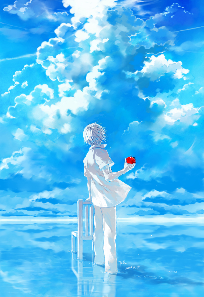 1boy apple blue_sky chair cloud commentary dated day food from_behind fruit highres holding holding_food holding_fruit kaneki_ken koujima_shikasa male_focus open_clothes open_shirt pants red_apple shirt short_hair short_sleeves sky solo spot_color standing tokyo_ghoul tokyo_ghoul:re wading water water_world white_pants white_shirt