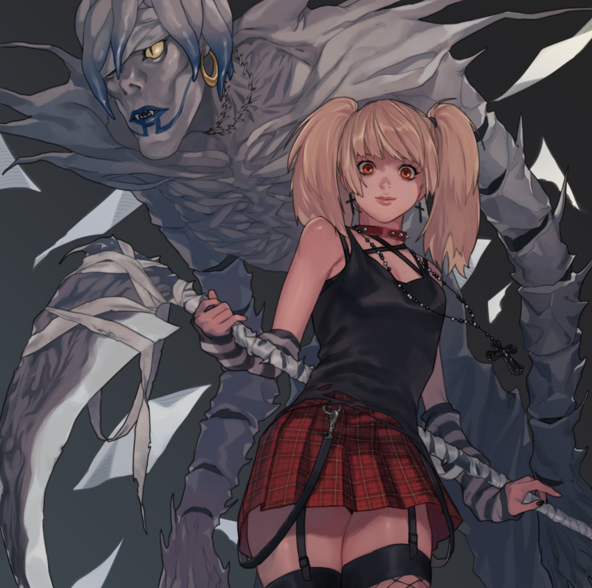 1girl amane_misa bandages bare_shoulders black_background black_nails black_shirt blonde_hair breasts chain colored_skin cross cross_earrings cross_necklace death_note earrings fangs garter_straps gradient gradient_background grey_skin highres holding holding_scythe jewelry long_hair looking_at_viewer necklace open_mouth plaid plaid_skirt pleated_skirt purple_lips red_skirt rei_(tdn_ng) rem_(death_note) scythe shiny shiny_skin shirt skindentation skirt small_breasts smile solo thighhighs torn_clothes torn_shirt twintails weapon yellow_eyes