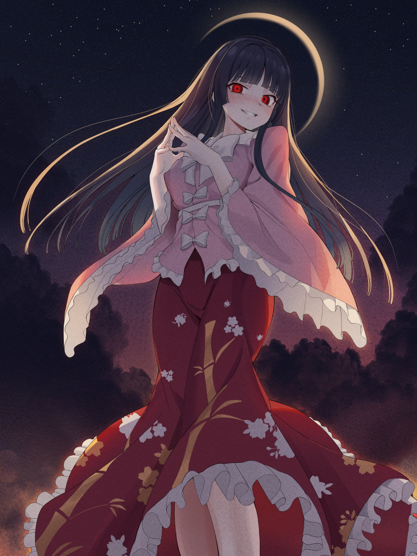 1girl absurdres bamboo_print black_hair blush bow bowtie breasts eclipse fingers_together floral_print goback highres hime_cut houraisan_kaguya japanese_clothes long_hair long_skirt long_sleeves looking_at_viewer medium_breasts night night_sky pink_shirt red_eyes red_skirt shirt skirt sky star_(sky) starry_sky touhou white_bow wide_sleeves