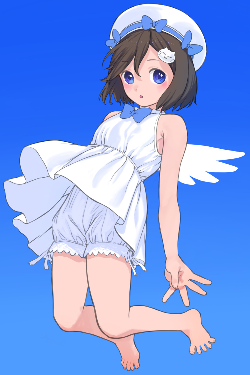 1girl :o angel_wings animal_hair_ornament bare_shoulders barefoot black_hair bloomers blue_bow blue_eyes blush bow bowtie cat_hair_ornament commentary dress full_body gradient gradient_background hair_ornament hairclip hat hat_bow highres looking_at_viewer original pastime774 short_hair sleeveless sleeveless_dress solo symbol-only_commentary toes underwear white_bloomers white_dress wings
