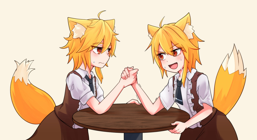 2girls ahoge animal_ear_fluff animal_ears arm_wrestling asymmetrical_hair bangs black_necktie blonde_hair blush brown_eyes brown_skirt brown_vest collared_shirt commentary_request cookie_(touhou) cowboy_shot dual_persona eyebrows_visible_through_hair fang fox_ears fox_girl fox_tail looking_at_another medium_hair miramikaru_riran multiple_girls necktie open_mouth shirt short_sleeves sidelocks simple_background skirt tail vest wavy_mouth white_shirt yan_pai yellow_background