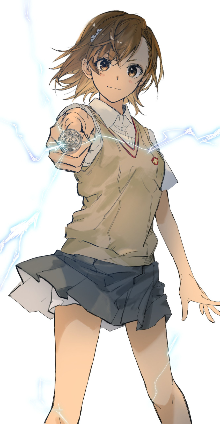 1girl absurdres bangs biribiri breasts brown_eyes brown_hair closed_mouth coin collared_shirt commentary_request electricity foreshortening grey_skirt hair_ornament highres honwaka_zz legs looking_at_viewer miniskirt misaka_mikoto pleated_skirt school_uniform shirt short_hair short_sleeves shorts shorts_under_skirt simple_background skirt small_breasts solo standing sweater_vest thighs toaru_majutsu_no_index tokiwadai_school_uniform v-neck white_background white_shirt white_shorts wind wind_lift