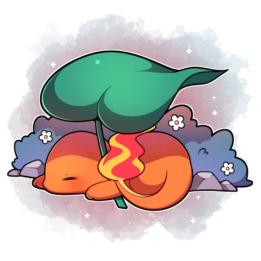 absurdres artist_name blush charmander closed_eyes fire flame flower from_side highres lying no_humans on_stomach outline pink_background pokemon pokemon_(creature) sevi_(seviyummy) sleeping sparkle tail-tip_fire watermark white_background white_flower white_outline