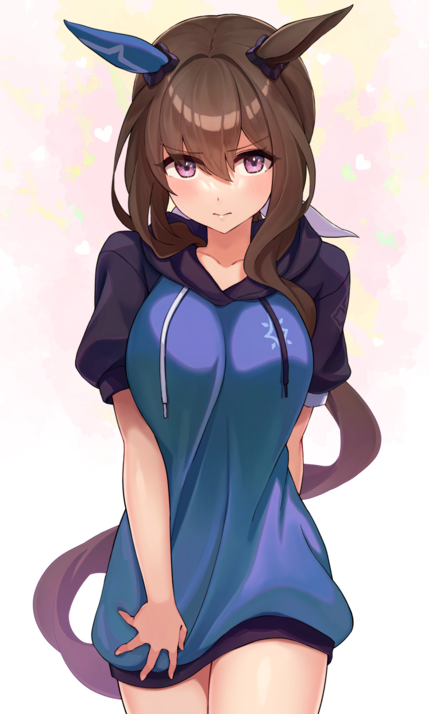 1girl absurdres admire_vega_(umamusume) animal_ears black_jacket blue_jacket breasts brown_hair closed_mouth collarbone eyebrows_visible_through_hair hair_between_eyes highres horse_ears horse_girl horse_tail inuyabu_cc jacket large_breasts long_hair looking_at_viewer multicolored_clothes multicolored_jacket pink_eyes ponytail short_sleeves tail thighs two-tone_jacket umamusume