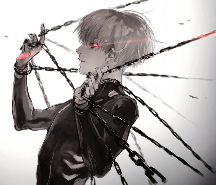 1boy black_bodysuit black_nails black_sclera bodysuit chain colored_sclera commentary from_side glowing glowing_eye gradient gradient_background grey_background grey_hair highres kaneki_ken koujima_shikasa long_sleeves looking_at_viewer male_focus nail_polish parted_lips profile red_eyes short_hair solo spot_color symbol-only_commentary tokyo_ghoul upper_body