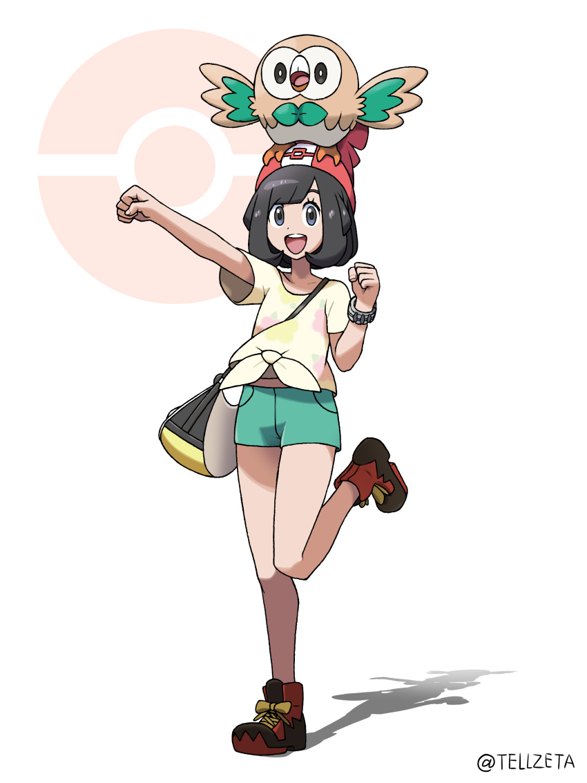 1girl :d absurdres artist_name bangs beanie black_hair boots clenched_hands collarbone commentary_request eyelashes green_shorts grey_eyes hat highres leg_up on_head open_mouth outstretched_arm poke_ball_symbol pokemon pokemon_(creature) pokemon_(game) pokemon_on_head pokemon_sm red_headwear rowlet selene_(pokemon) shirt short_hair short_shorts short_sleeves shorts smile standing standing_on_one_leg teeth teru_zeta tied_shirt tongue upper_teeth yellow_shirt