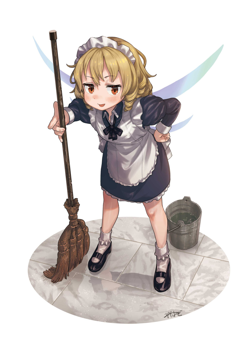 1girl absurdres alternate_costume apron black_dress black_footwear blonde_hair blush brown_eyes bucket dress drill_hair enmaided fairy fairy_wings full_body highres juliet_sleeves long_sleeves luna_child maid maid_apron maid_headdress misohagi mop open_mouth puffy_sleeves short_hair signature smile socks solo standing touhou white_apron white_background white_legwear wings