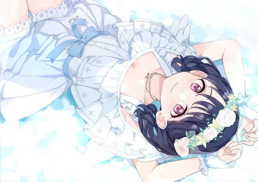 1girl absurdres angel_wings bangs black_hair blue_ribbon commentary_request dress flower flower_wreath fukumaru_koito hair_flower hair_ornament highres idolmaster idolmaster_shiny_colors jewelry looking_at_viewer lying medium_hair monon_tulle necklace on_back purple_eyes ribbon smile solo swept_bangs twintails white_dress wings wrist_cuffs