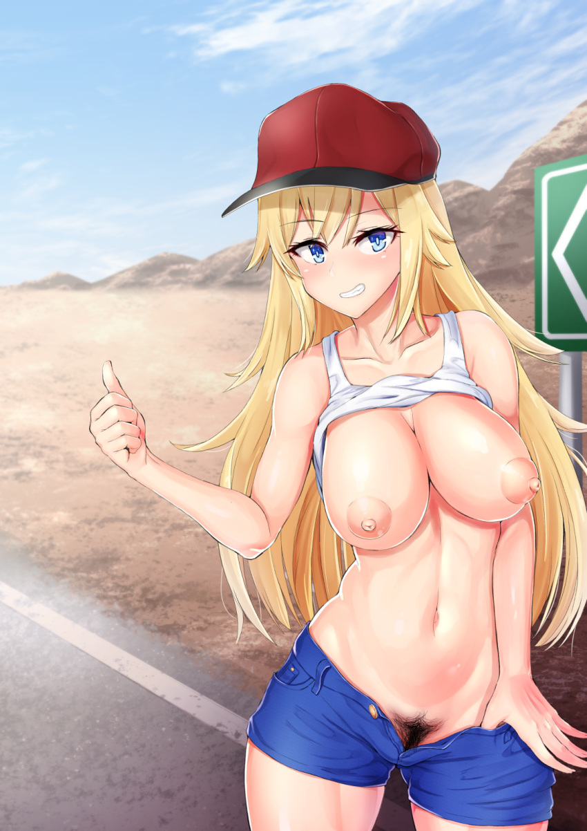 1girl baseball_cap blonde_hair blue_eyes blue_shorts breasts commentary cowboy_shot day denim denim_shorts desert exhibitionism female_pubic_hair hat highres hitchhiker's_thumb hitchhiking lifted_by_self looking_at_viewer medium_breasts mismatched_pubic_hair navel nipples no_bra no_panties original outdoors pubic_hair red_headwear road road_sign short_shorts shorts sign sky smile solo stomach syu_(wyrr8752) tank_top thumbs_up white_tank_top