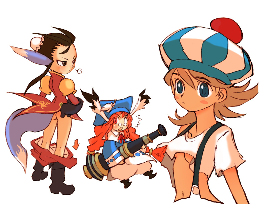 3girls animal_ears ass black_eyes blonde_hair blue_eyes braid breasts breath_of_fire breath_of_fire_iii breath_of_fire_iv brown_hair bun_cover closed_mouth dress glasses gloves gun hat highres izuna_yoshitsune long_hair momo_(breath_of_fire) multiple_girls navel open_mouth orange_hair oshieta_girl rabbit_ears red_eyes robe shirt simple_background suspenders tail ursula_(breath_of_fire) weapon white_background white_shirt