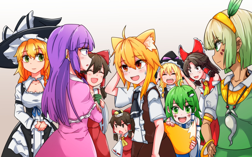 6+girls ahoge animal_ear_fluff animal_ears asatsuki_(cookie) asymmetrical_hair bangle bangs benikurage_(cookie) black_dress black_necktie blonde_hair blue_skirt bow bracelet braid breasts brown_eyes brown_hair brown_skirt brown_vest cleavage closed_eyes closed_mouth collared_shirt commentary_request cookie_(touhou) cowboy_shot cross crossed_arms cup detached_sleeves dress earrings eyebrows_visible_through_hair facepaint fang fox_ears fox_girl fox_tail frilled_dress frilled_hair_tubes frills green_eyes green_hair green_skirt green_vest hair_bow hair_tubes hands_on_own_head hat hat_bow highres holding holding_cup jewelry kirisame_marisa kochiya_sanae long_hair looking_at_another mars_(cookie) medium_breasts medium_hair minigirl miramikaru_riran multiple_girls necktie omelet open_mouth parted_bangs paseri_(cookie) patchouli_knowledge pink_coat puffy_short_sleeves puffy_sleeves purple_bow purple_eyes purple_hair red_bow red_eyes red_shirt reu_(cookie) ribbon-trimmed_sleeves ribbon_trim sakenomi_(cookie) shirt short_hair short_sleeves side_braid sidelocks single_braid skin_fang skirt sleeveless sleeveless_shirt small_breasts smile tail taisa_(cookie) tamagoyaki touching_tail touhou triangle_mouth uzuki_(cookie) vest white_bow white_shirt white_sleeves witch_hat yan_pai yunomi
