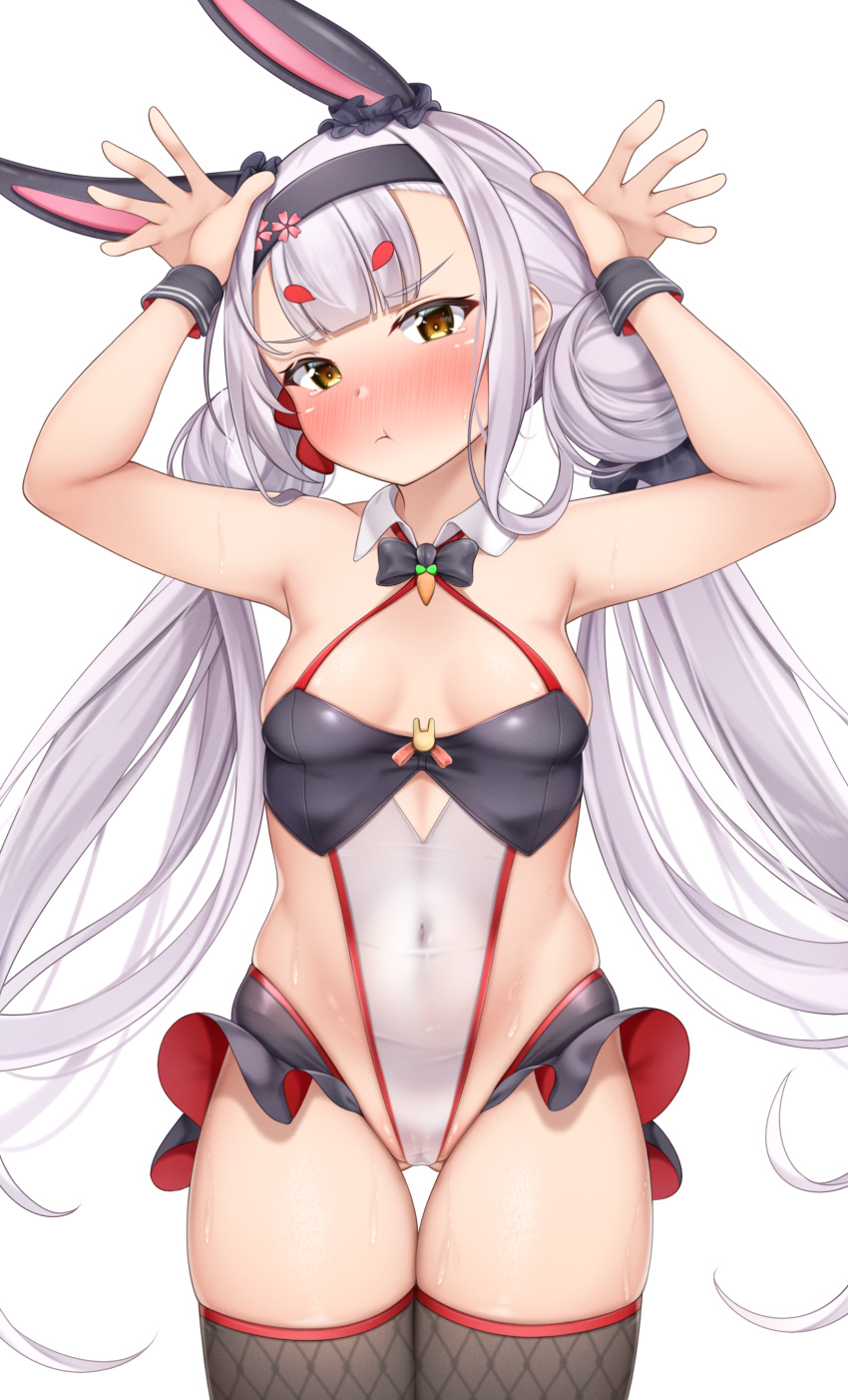 1girl absurdres alternate_costume animal_ears ass_visible_through_thighs azur_lane bare_shoulders black_bow black_bowtie black_hairband black_legwear blush bow bowtie breasts commentary_request covered_navel eyebrows_visible_through_hair hairband hands_up highres lomocya long_hair looking_at_viewer low_twintails nose_blush official_alternate_costume pout rabbit_ears shimakaze_(azur_lane) shimakaze_(fastest_bunny's_invitation)_(azur_lane) silver_hair simple_background small_breasts solo sweat tears thighhighs thighs twintails very_long_hair white_background yellow_eyes