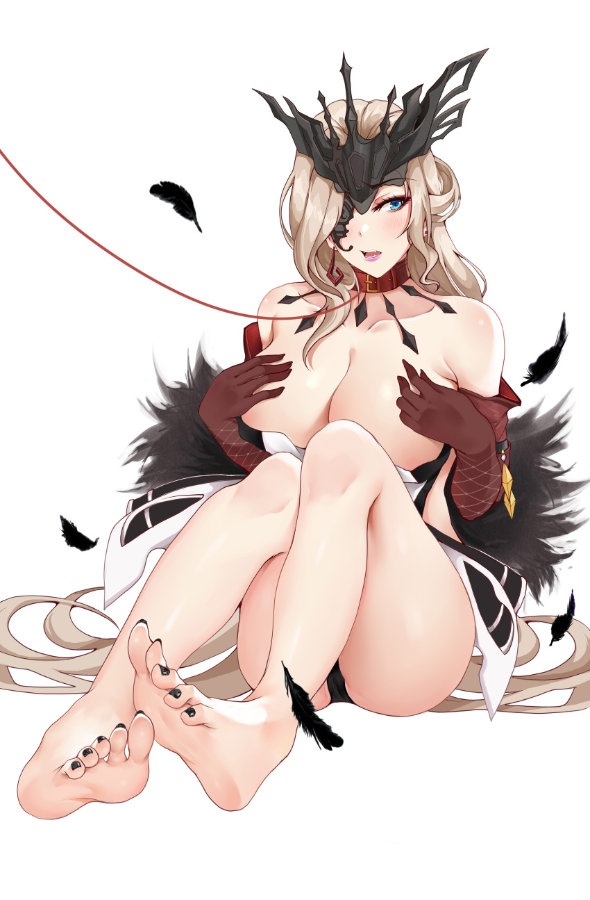 1girl absurdres bangs bare_shoulders barefoot black_nails black_panties blue_eyes blush breasts collar collarbone covering_nipples elbow_gloves feathers feet full_body genshin_impact gloves highres icons_(1452697582) large_breasts leash legs light_brown_hair long_hair mask nail_polish one_eye_covered panties parted_lips red_collar red_gloves signora_(genshin_impact) sitting solo thighs toenail_polish toenails toes underwear white_background