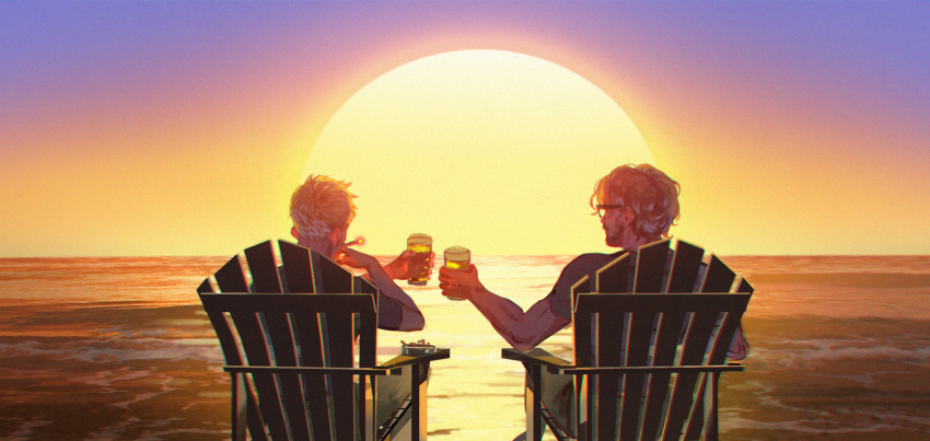 2boys alcohol ashtray beach beer beer_mug blonde_hair chair character_request cigarette commentary_request cup drink facial_hair glasses highres holding holding_cup hotline_miami jacket male_focus meipu_hm mug multiple_boys ocean outdoors pants richard_(hotline_miami) shirt short_hair sitting smoke smoking stubble sun sunset toast_(gesture)