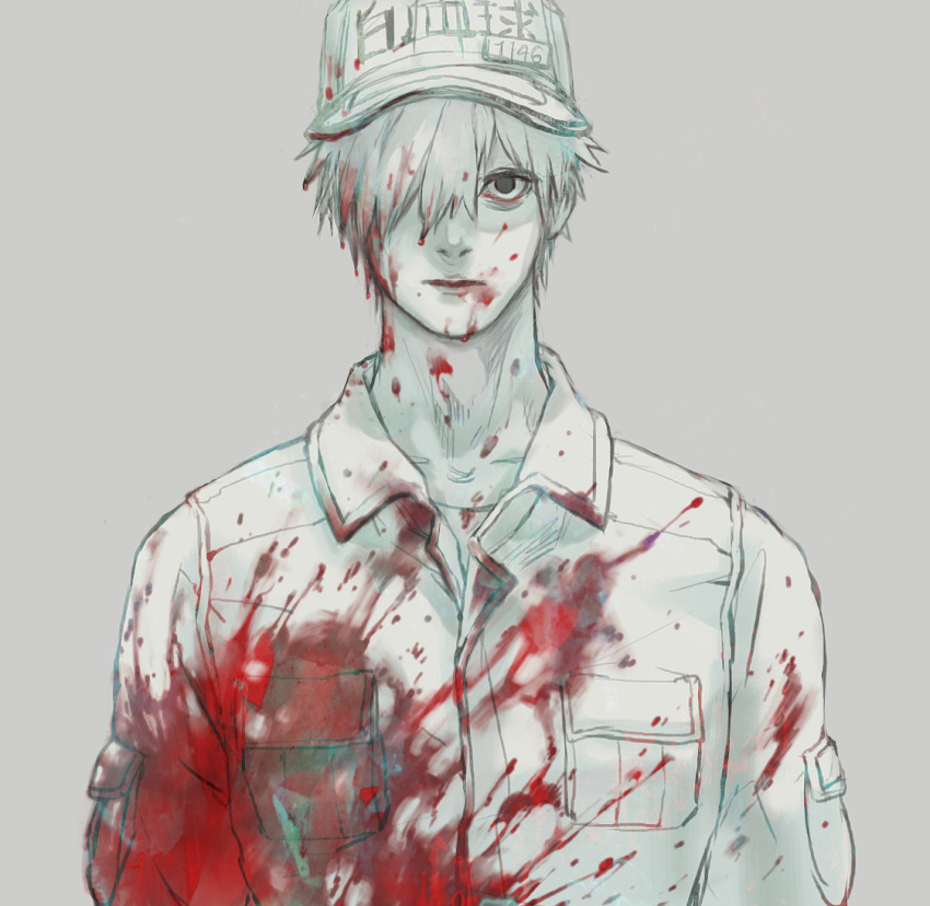 1boy bangs blood blood_on_clothes blood_on_face collarbone commentary grey_background grey_hair hair_over_one_eye hat hataraku_saibou koujima_shikasa looking_at_viewer male_focus shirt short_hair simple_background solo translation_request upper_body white_blood_cell_(hataraku_saibou)