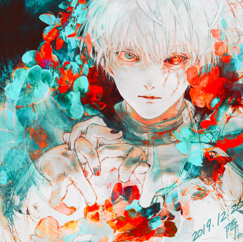 1boy absurdres bangs black_background black_nails black_sclera closed_mouth colored_sclera commentary_request dated expressionless flower green_flower grey_eyes hand_up heterochromia highres kaneki_ken koujima_shikasa looking_at_viewer male_focus nail_polish red_eyes red_flower shirt short_hair signature solo tokyo_ghoul upper_body